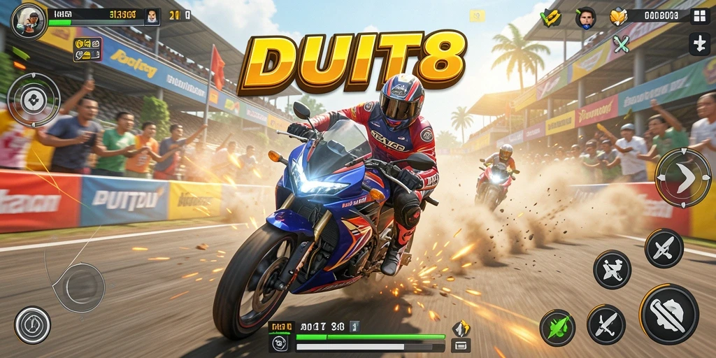 Tangkapan layar <strong>DUIT8</strong> menampilkan aksi balapan motor yang adrenalinnya tinggi.
