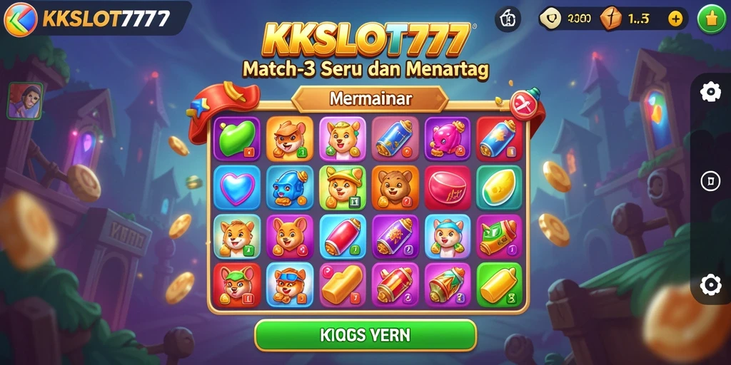 Screenshot menunjukkan gameplay Match-3 yang menarik dan penuh warna.