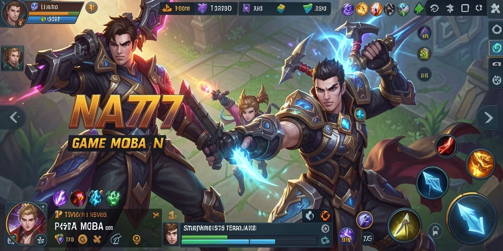 Screenshot gameplay NA777 menampilkan pertarungan seru antara dua tim MOBA.