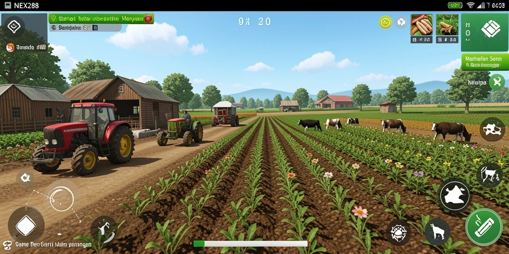 Screenshot gameplay NEX288 yang menampilkan kebun yang rimbun dan produktif.