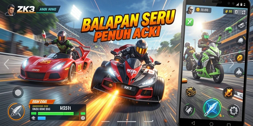 Tangkapan layar gameplay ZK3 menampilkan balapan mendebarkan di jalanan.